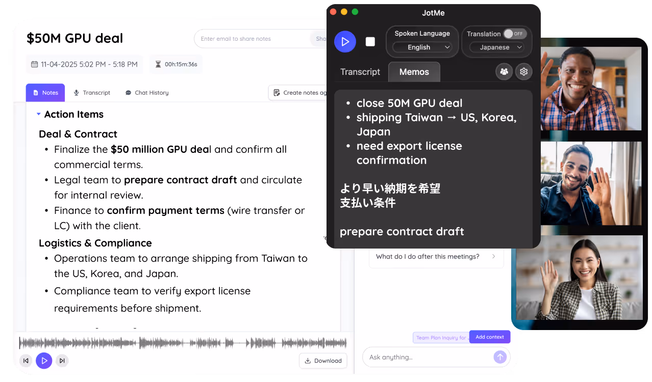JotMe AI meeting notes and summaries in each participant’s language, with action items and memos for added context.