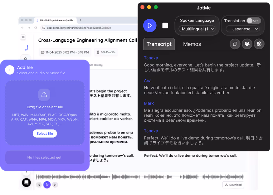 JotMe real-time and uploaded audio or video transcription in 200+ languages with speaker identification.
