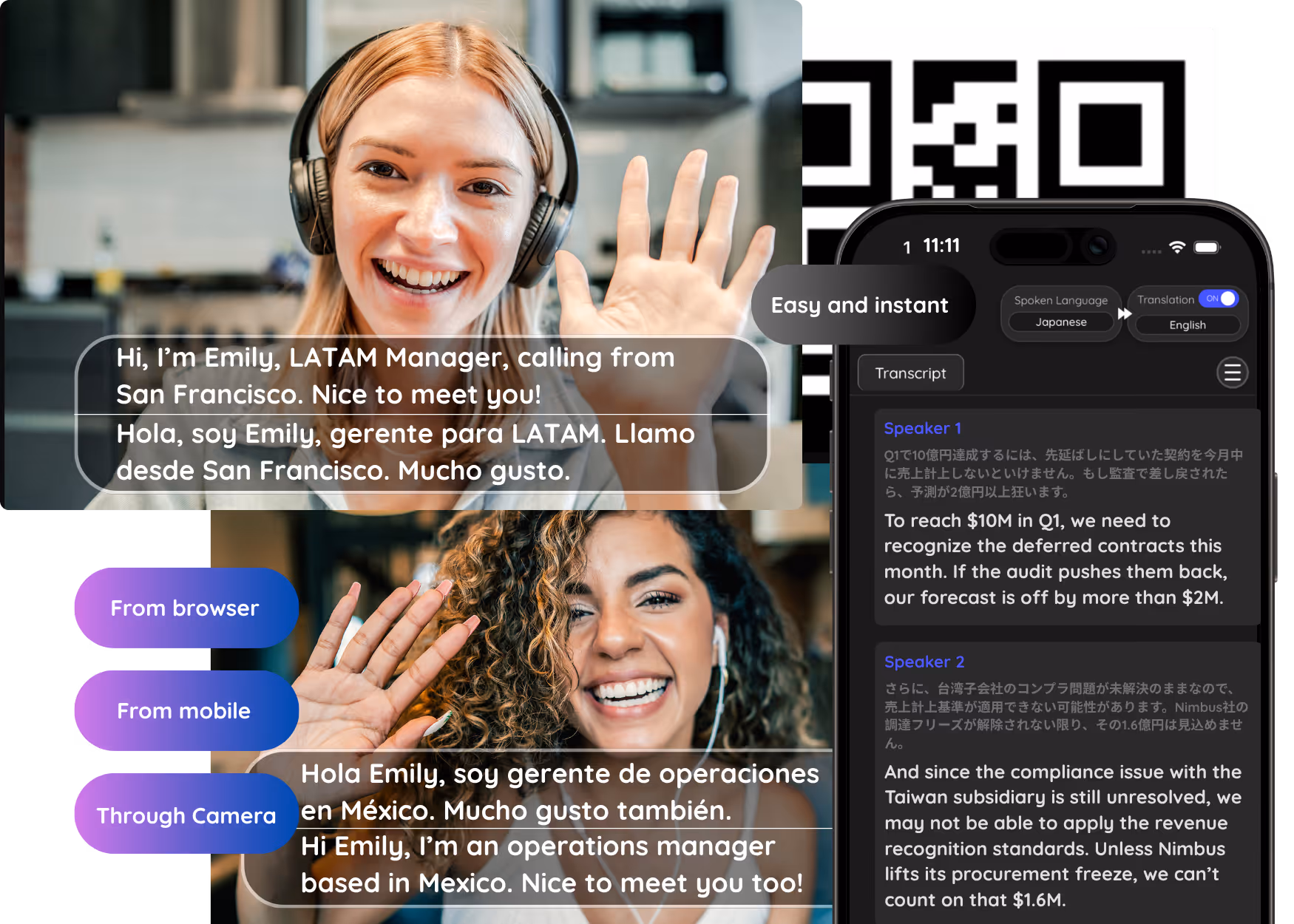 JotMe shared live translation with multilingual captions, accessible through a QR code, browser, mobile, or camera.