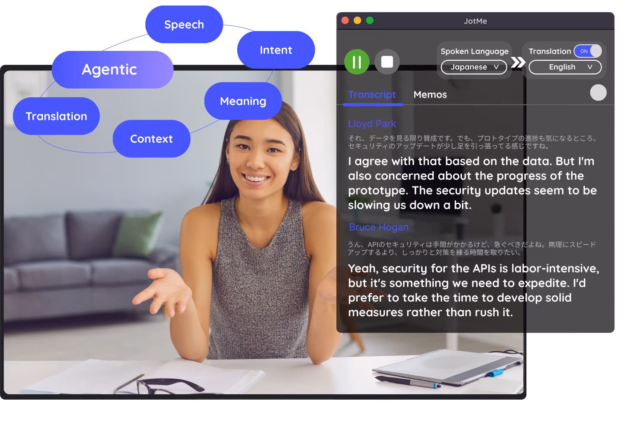 JotMe agentic AI live translation interpreting speech, intent, meaning, and context to deliver real-time translated captions.